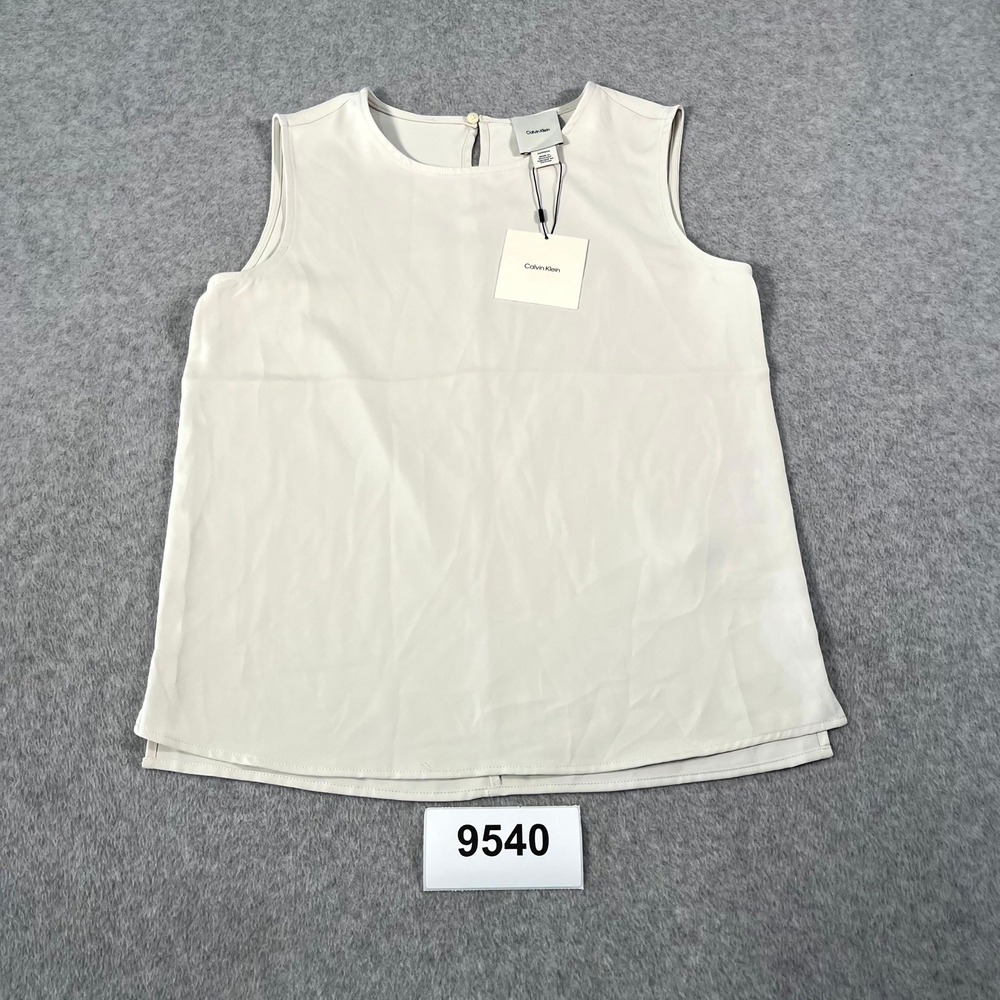 Calvin Klein Blouse‎ Top Womens XS Beige Round Neck Keyhole Back Side Slit